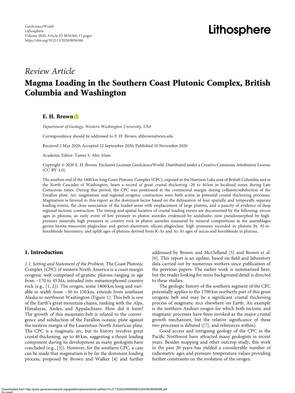 Review Article Magma Loading in the Southern Coast Plutonic Complex, British Columbia and Washington