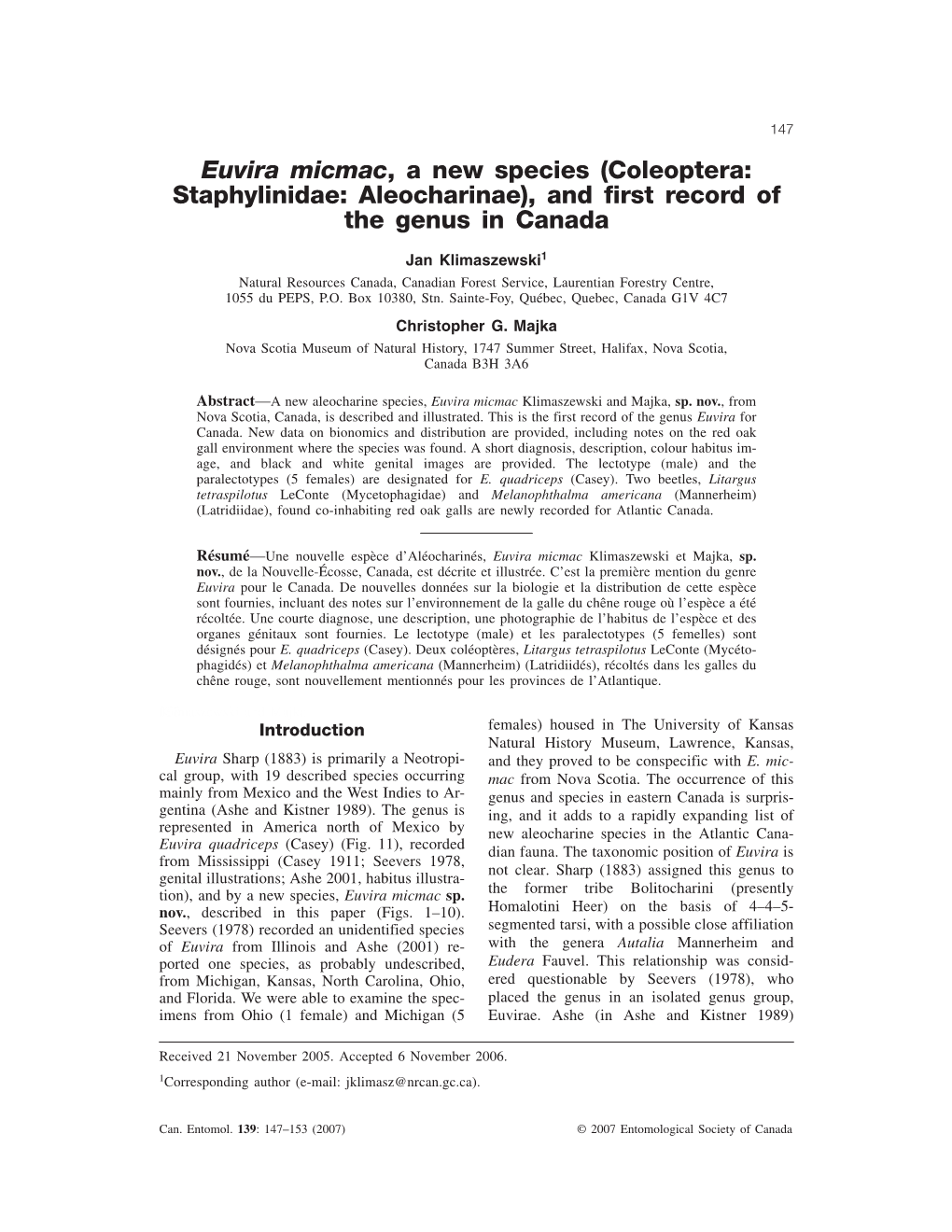 Euvira Micmac, a New Species (Coleoptera: Staphylinidae: Aleocharinae), and First Record of the Genus in Canada