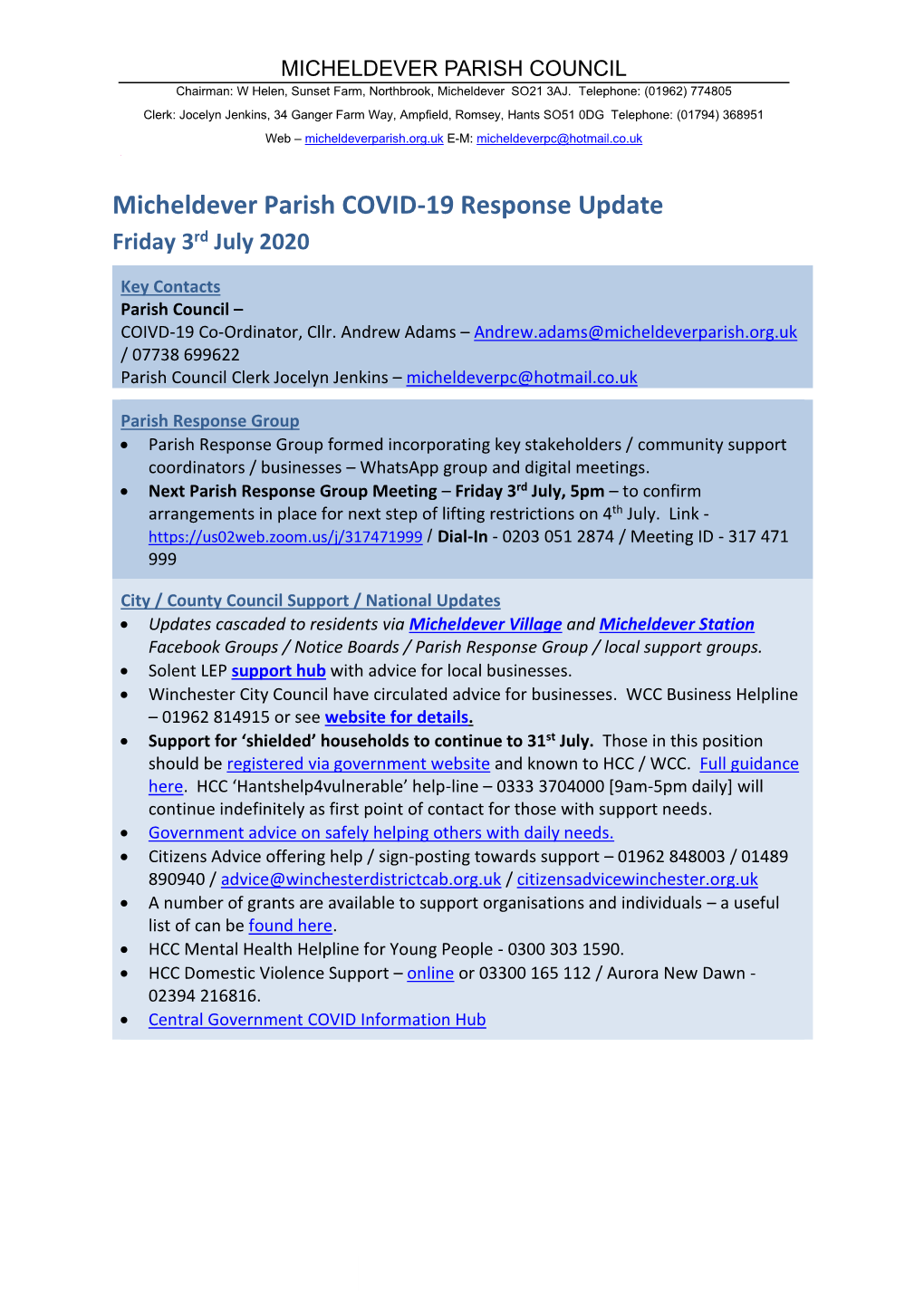 Micheldever Parish COVID-19 Response Update Friday 3Rd July 2020