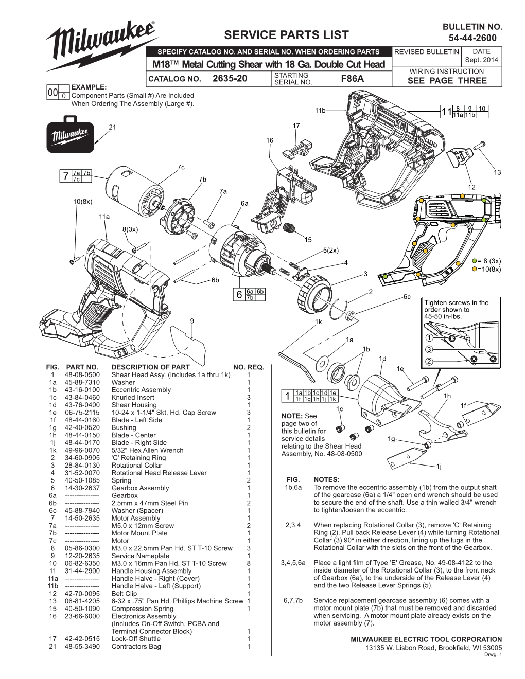 Service Parts List 54-44-2600 Specify Catalog No