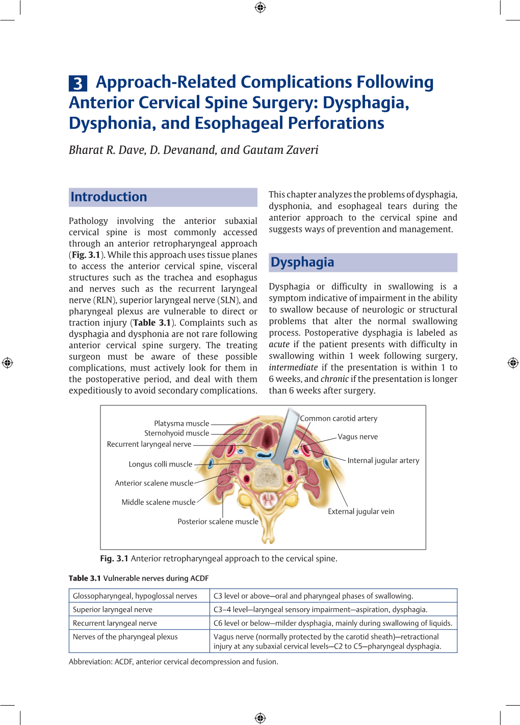 3 Approach-Related Complications Following Anterior Cervical Spine Surgery: Dysphagia, Dysphonia, and Esophageal Perforations