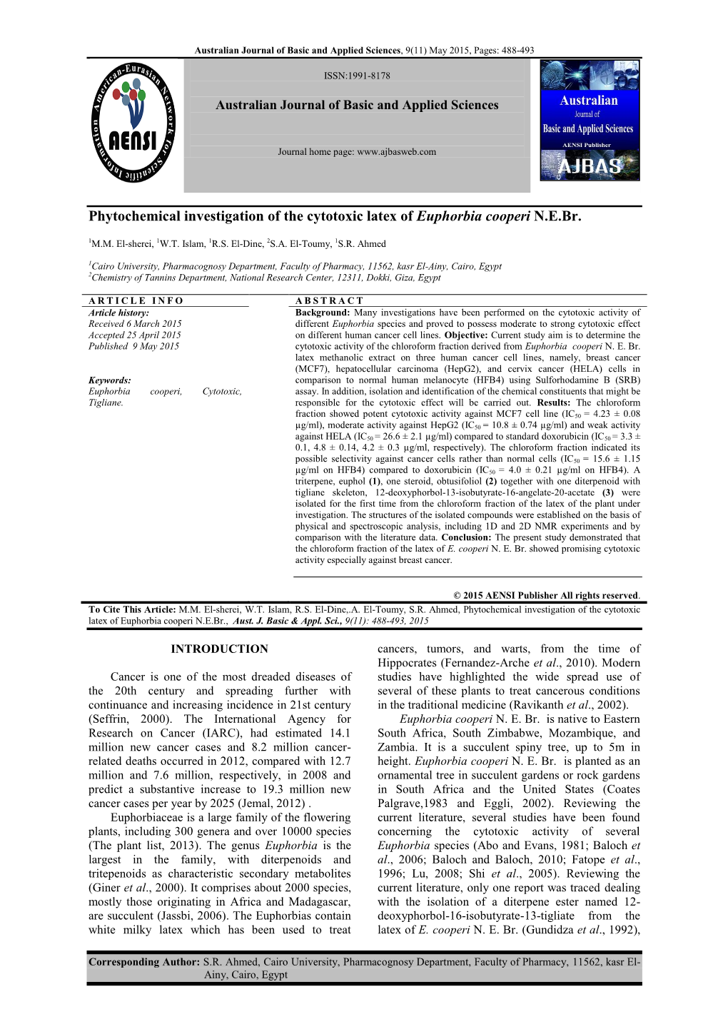 Phytochemical Investigation of the Cytotoxic Latex of Euphorbia Cooperi N.E.Br