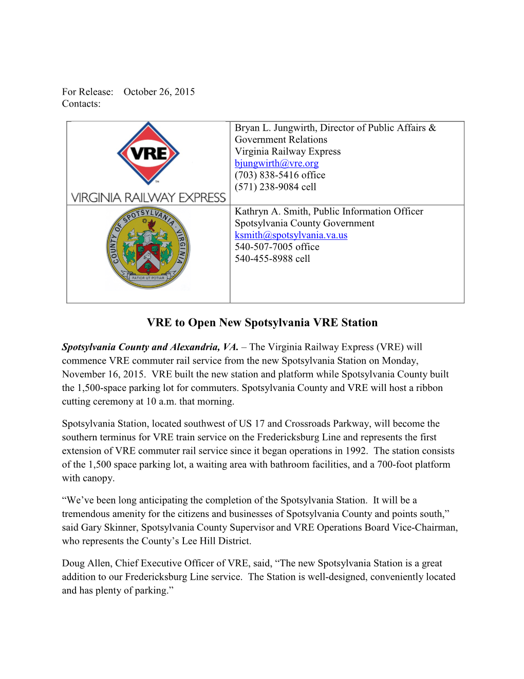 VRE to Open New Spotsylvania VRE Station