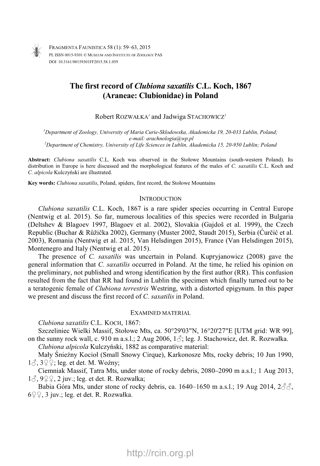 The First Record of Clubiona Saxatilis C.L. Koch, 1867 (Araneae: Clubionidae) in Poland