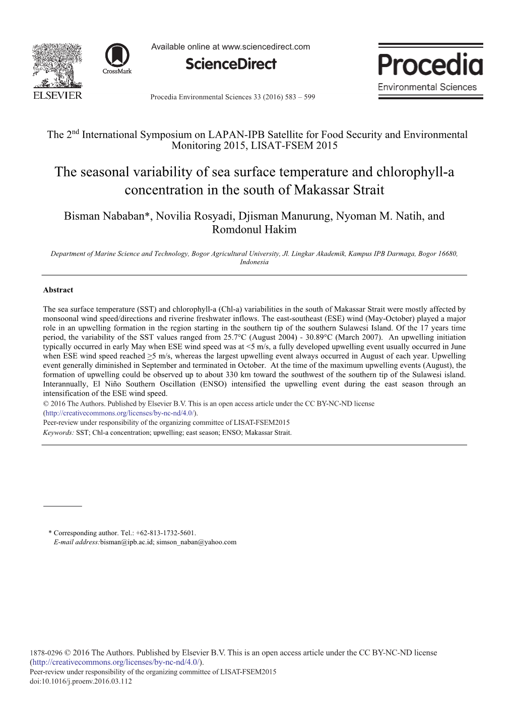 The Seasonal Variability of Sea Surface Temperature and Chlorophyll-A Concentration in the South of Makassar Strait