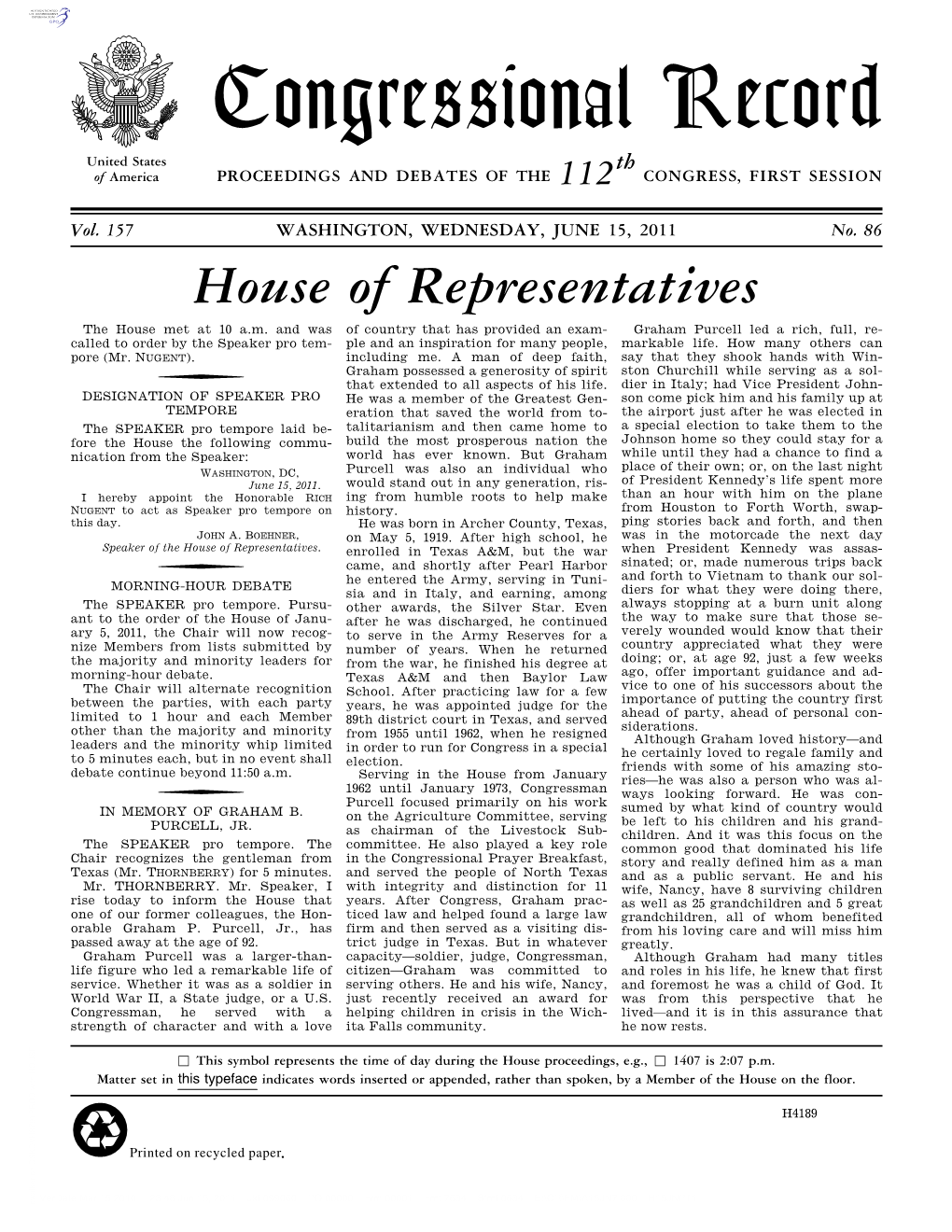 Congressional Record United States Th of America PROCEEDINGS and DEBATES of the 112 CONGRESS, FIRST SESSION