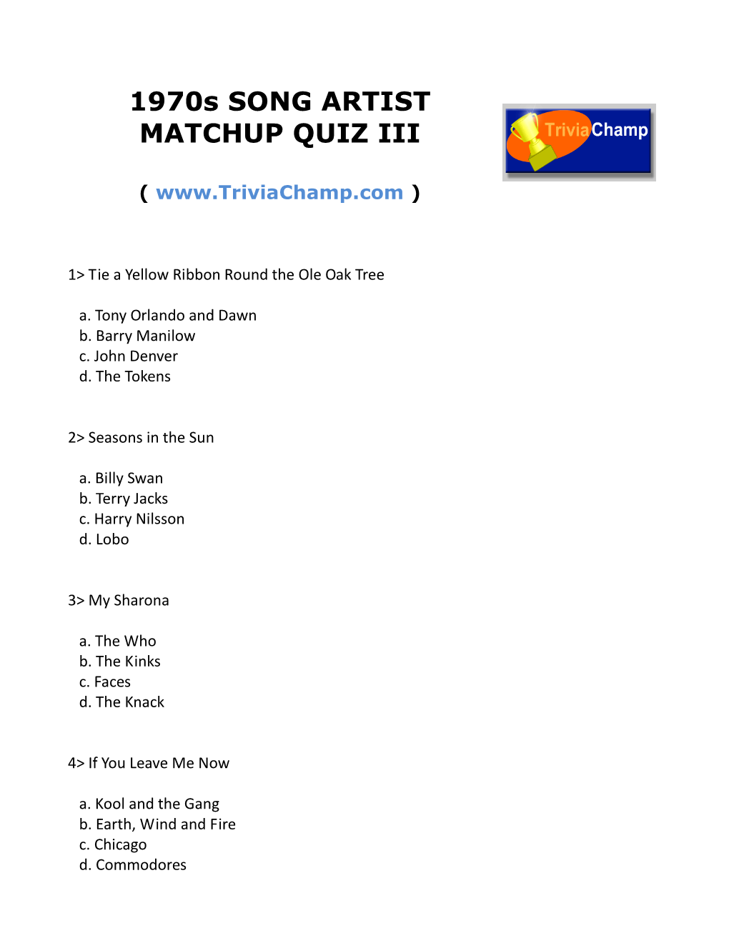 1970S SONG ARTIST MATCHUP QUIZ III