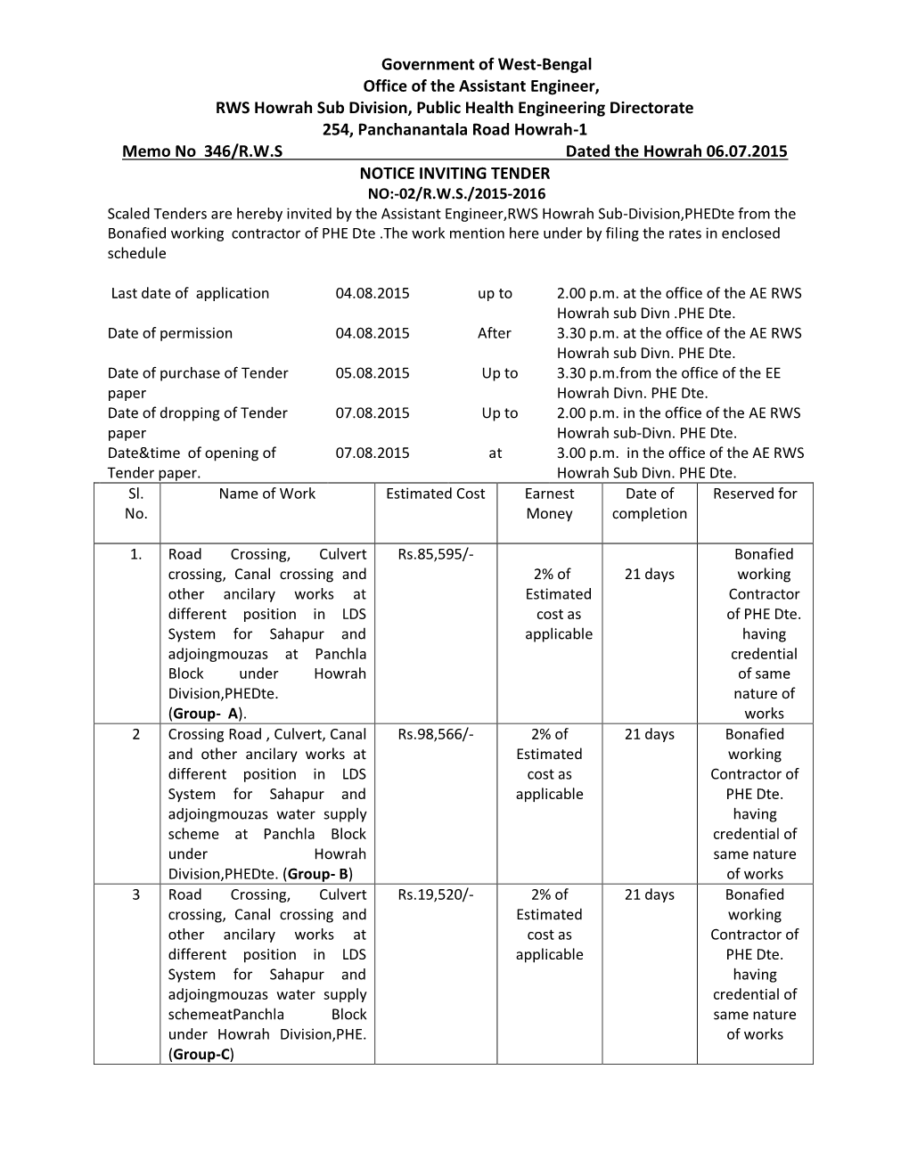 Government of West-Bengal Office of the Assistant Engineer, RWS