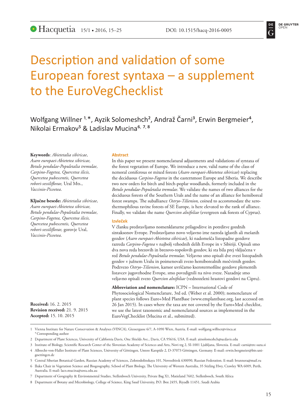 Description and Validation of Some European Forest Syntaxa – a Supplement to the Eurovegchecklist