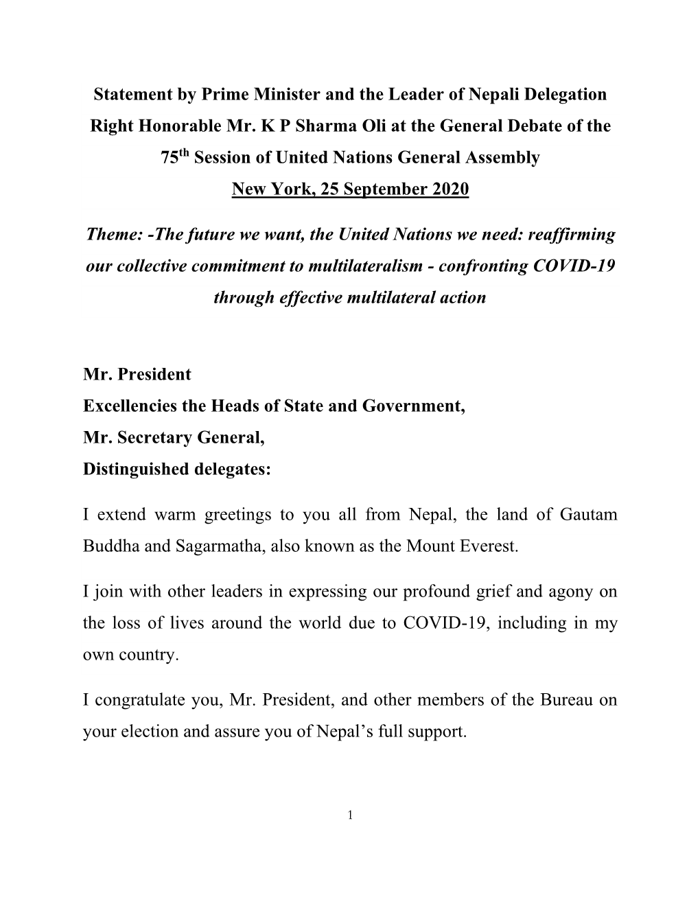 Statement by Prime Minister and the Leader of Nepali Delegation Right Honorable Mr. K P Sharma Oli at the General Debate Of