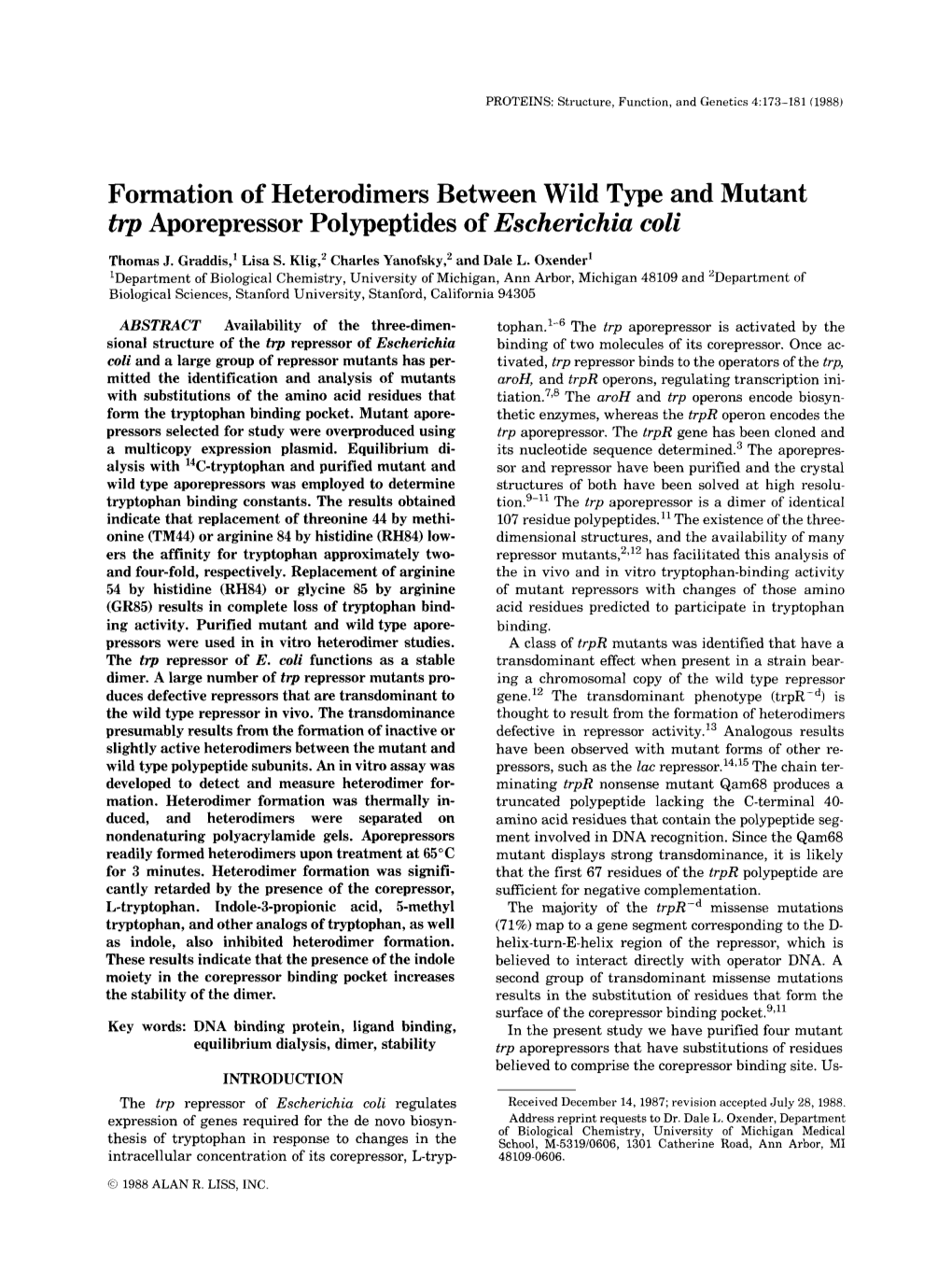 Formation of Heterodimers Between Wild Type and Mutant Trp Aporepressor Polypeptides of Eschem'chia Coli Thomas J