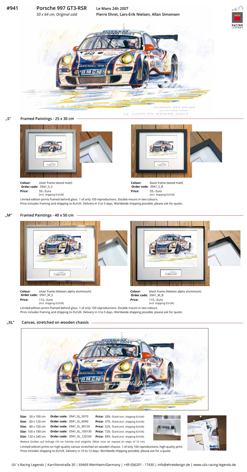 GT3-RSR Le Mans 24H 2007 50 X 64 Cm, Original Sold Pierre Ehret, Lars-Erik Nielsen, Allan Simonsen