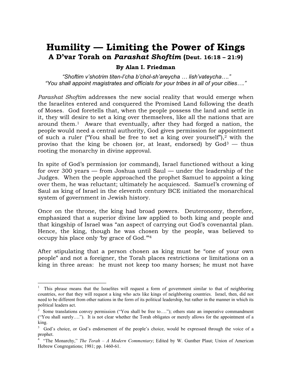 Humility — Limiting the Power of Kings a D’Var Torah on Parashat Shoftim (Deut