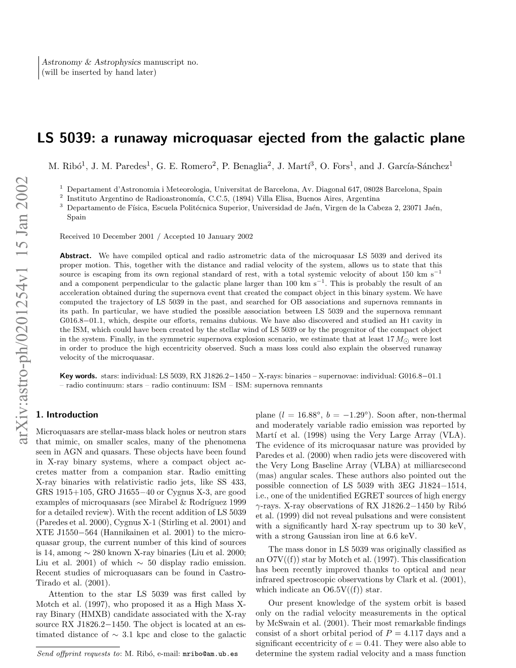 LS 5039: a Runaway Microquasar Ejected from the Galactic Plane