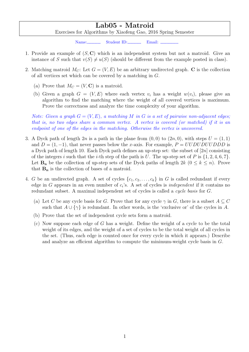 Lab05 - Matroid Exercises for Algorithms by Xiaofeng Gao, 2016 Spring Semester