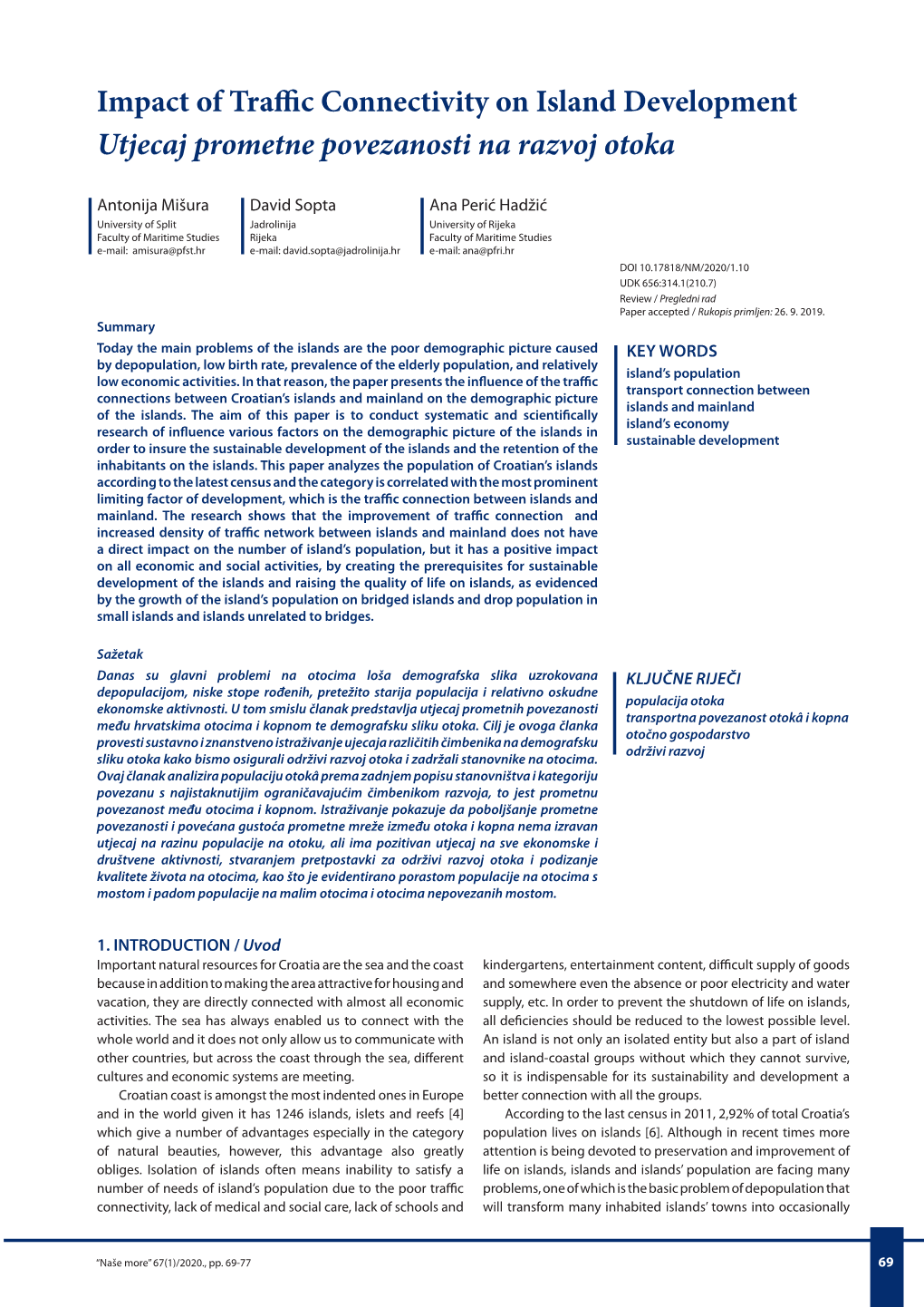 Impact of Traffic Connectivity on Island Development Utjecaj Prometne Povezanosti Na Razvoj Otoka