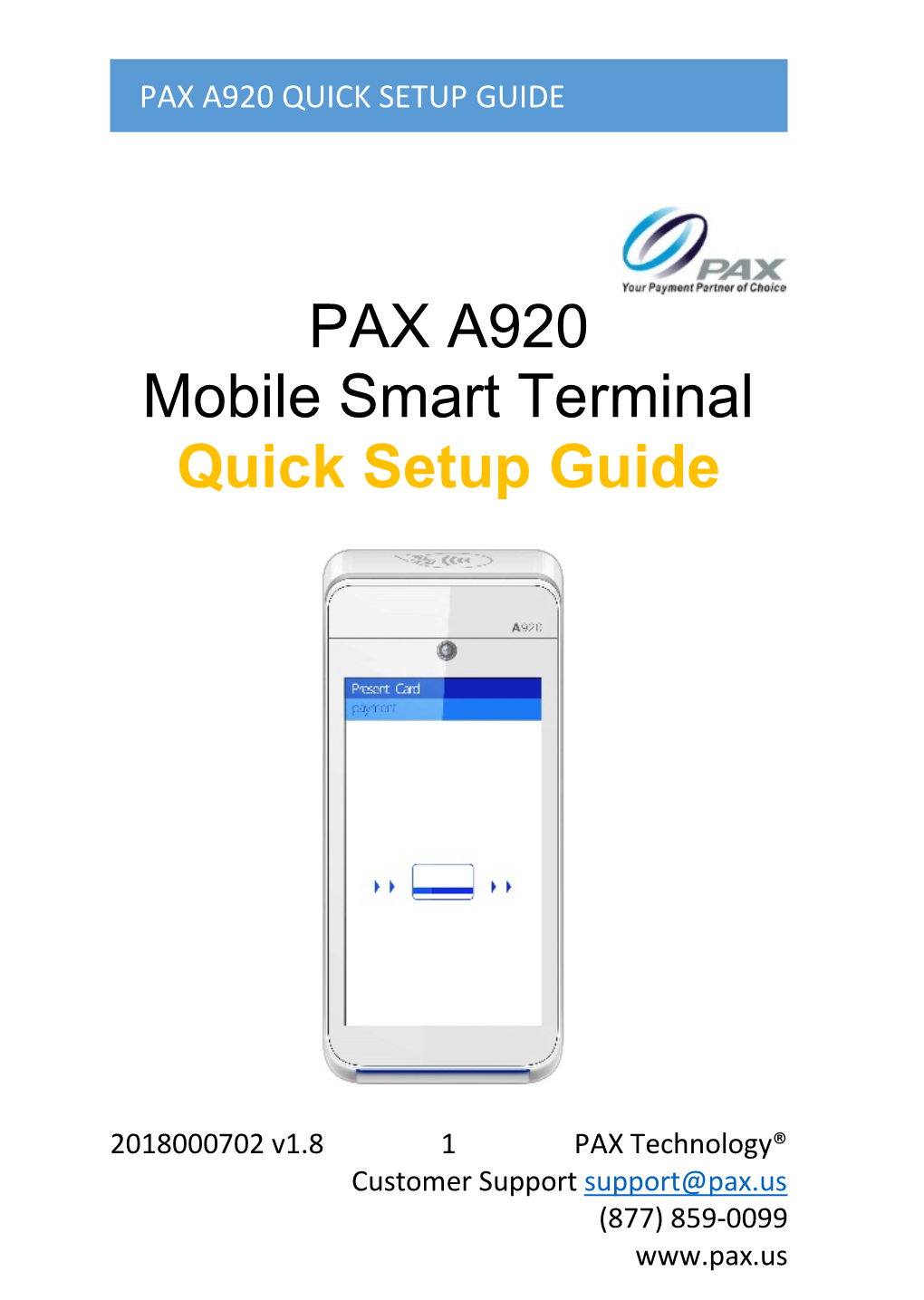 PAX A920 Mobile Smart Terminal Quick Setup Guide