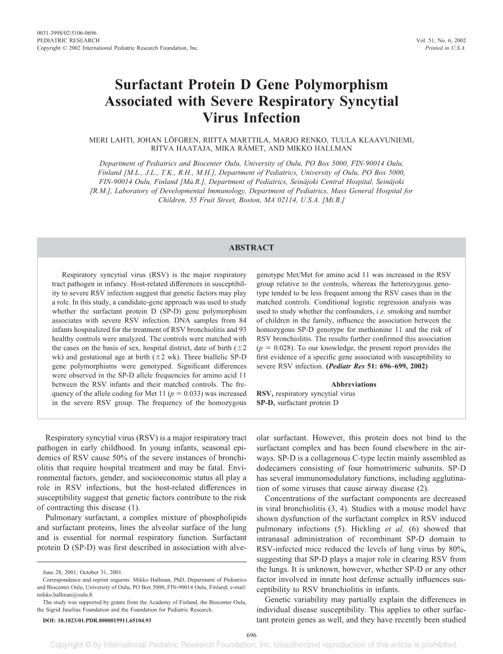 Surfactant Protein D Gene Polymorphism Associated with Severe Respiratory Syncytial Virus Infection