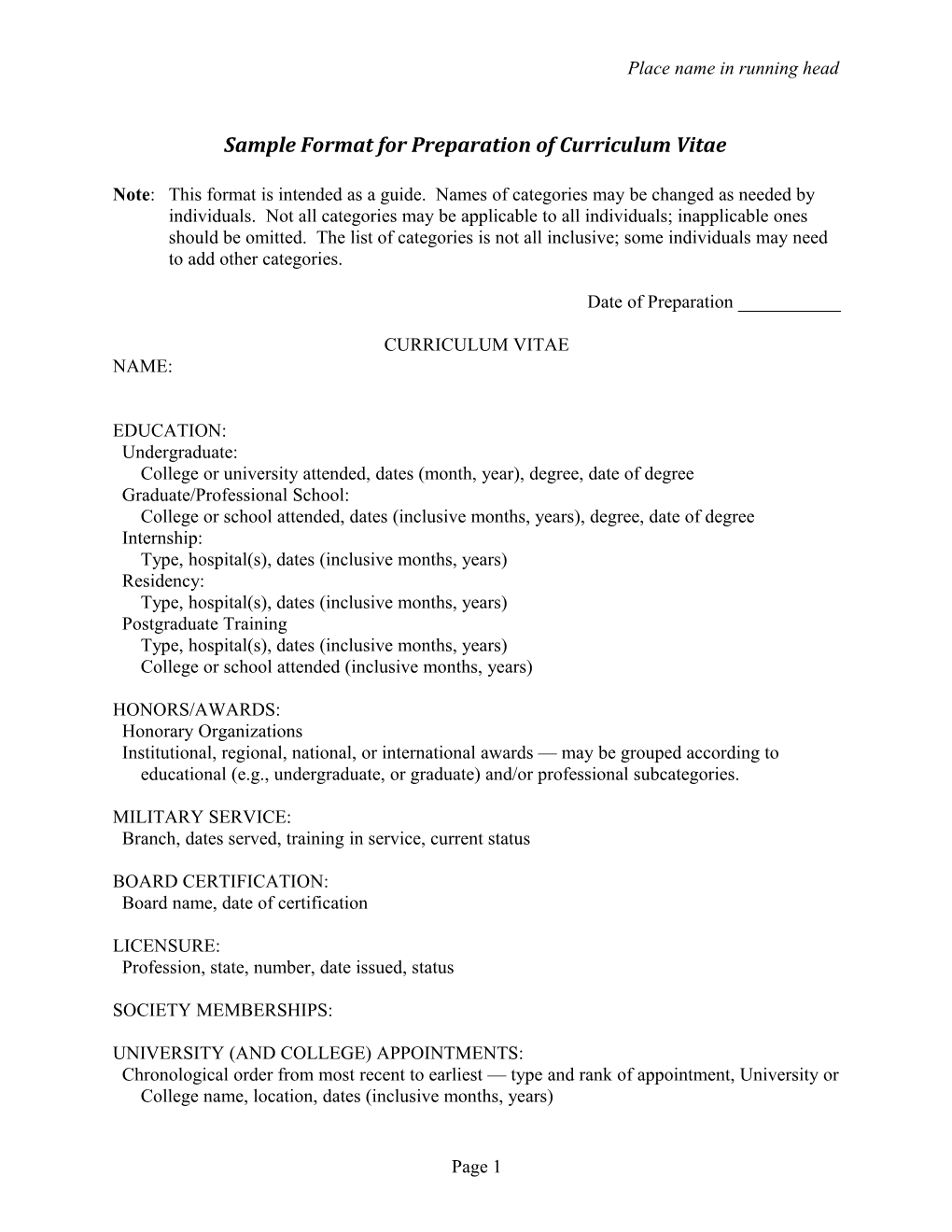 Sample Format for Preparation of Curriculum Vitae