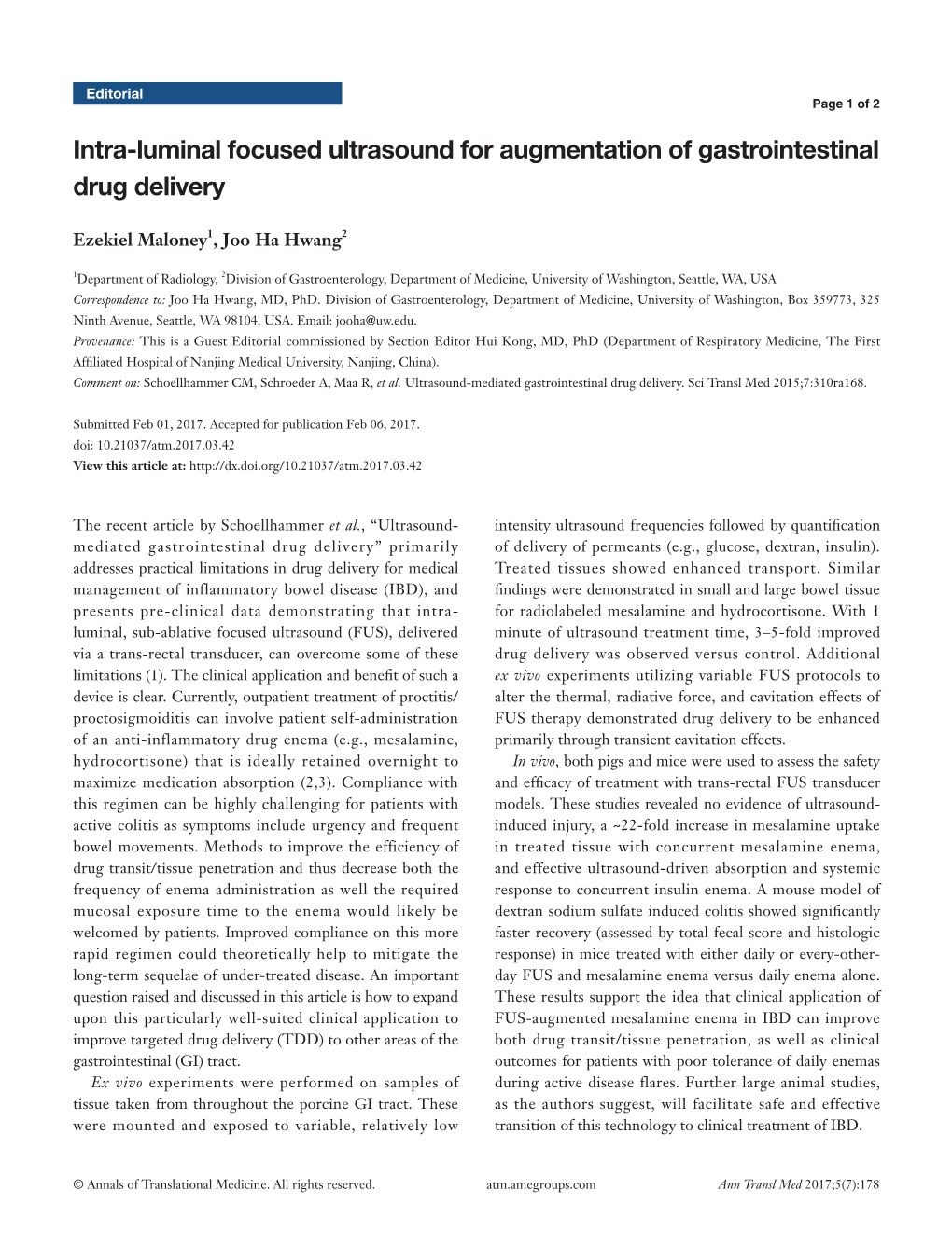 Intra-Luminal Focused Ultrasound for Augmentation of Gastrointestinal Drug Delivery