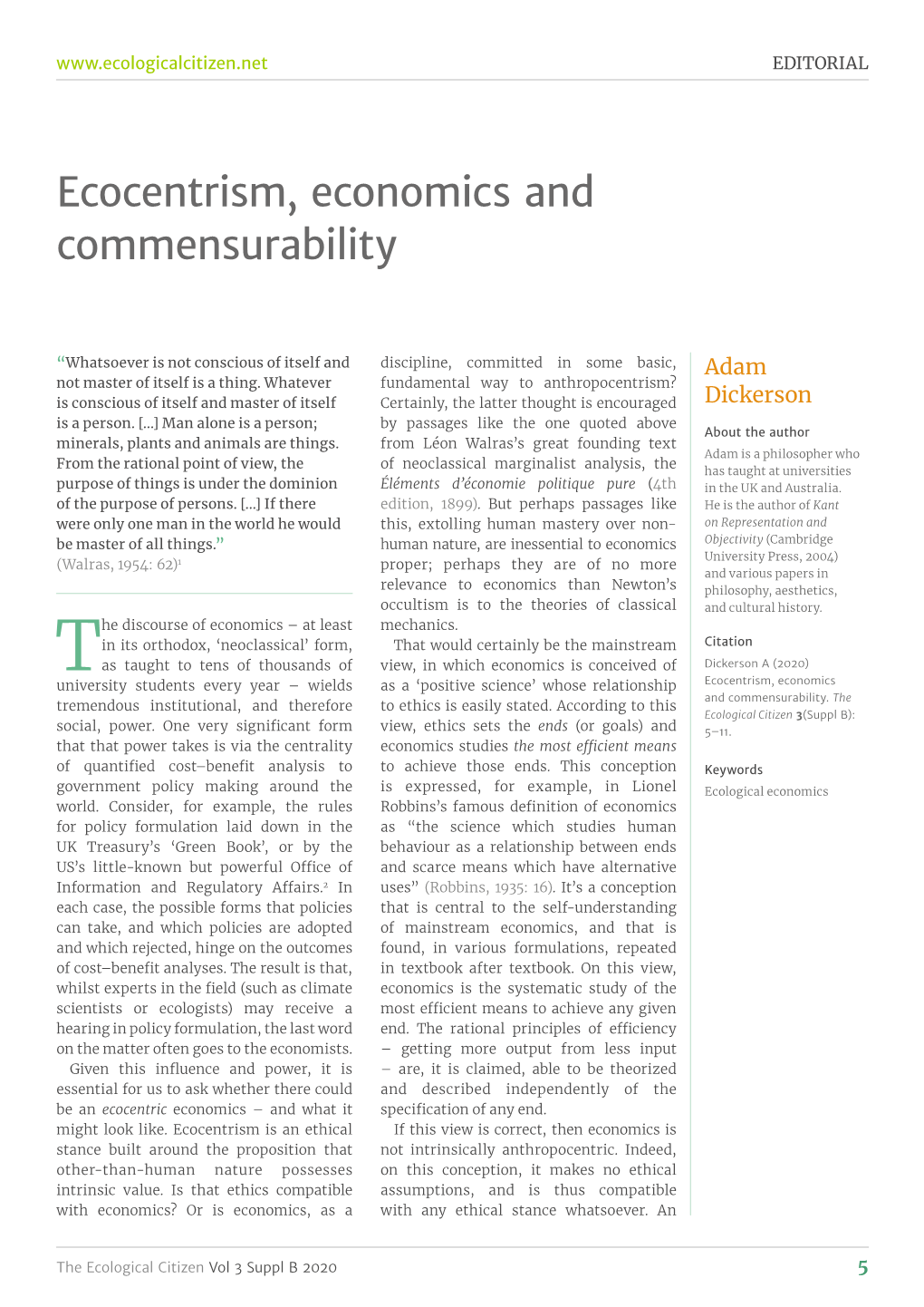 Ecocentrism, Economics and Commensurability