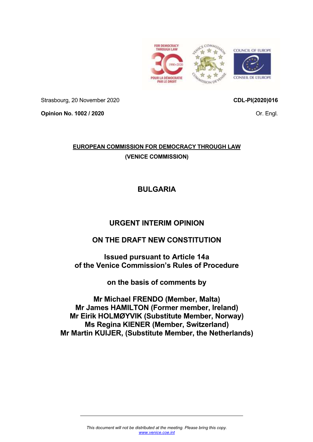 Bulgaria Urgent Interim Opinion on the Draft New