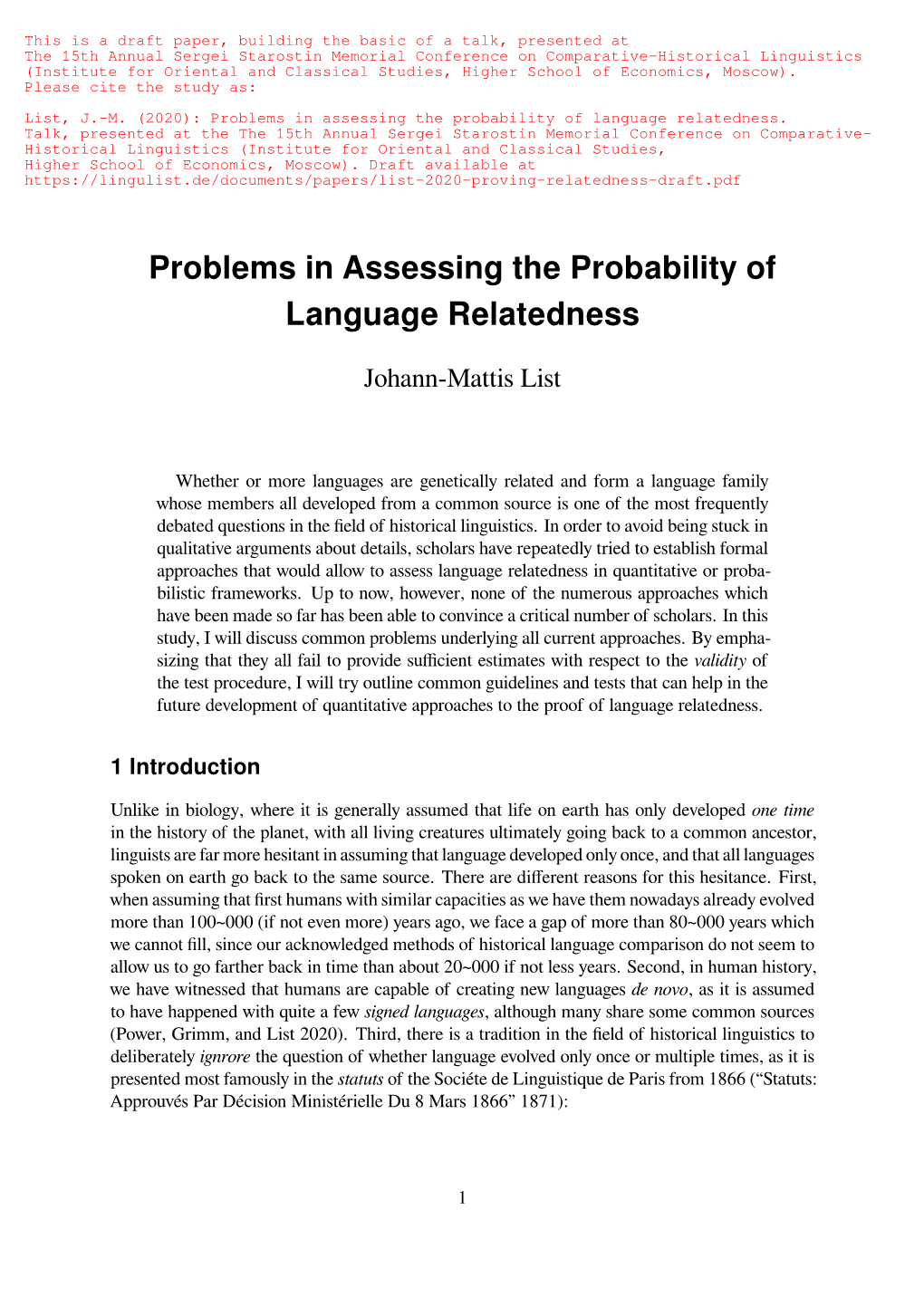 Problems in Assessing the Probability of Language Relatedness