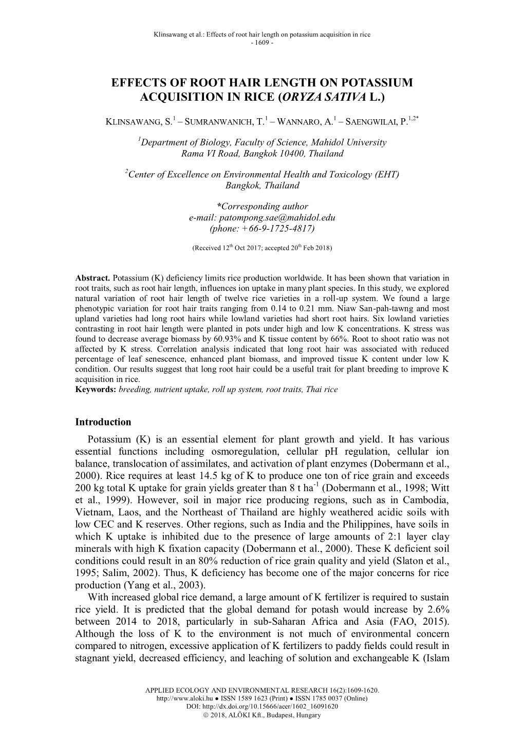 SAENGWILAI, P.: Effects of Root Hair Length on Potassium Acquisition