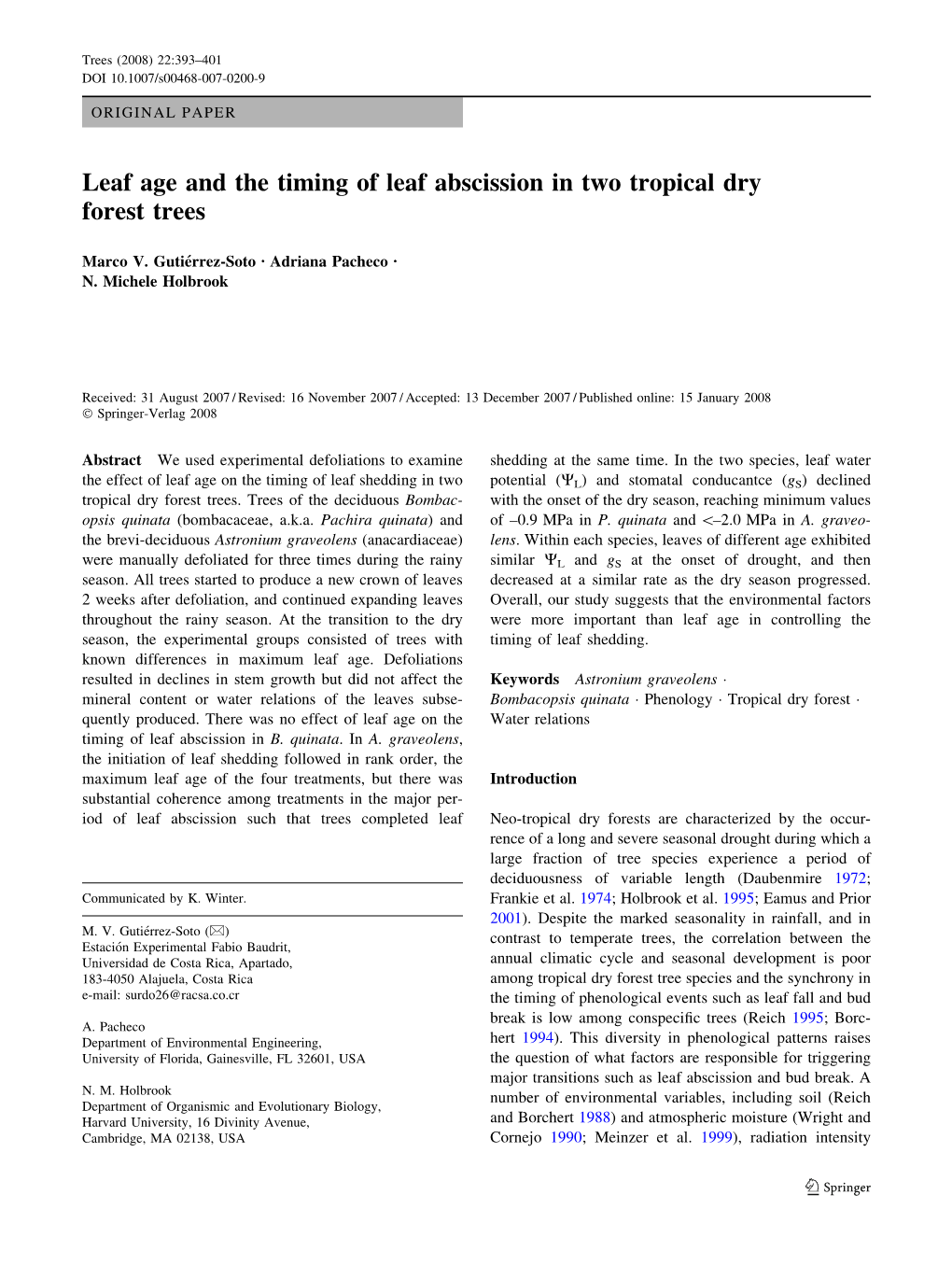 Leaf Age and the Timing of Leaf Abscission in Two Tropical Dry Forest Trees
