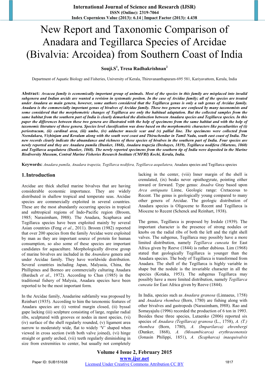 New Report and Taxonomic Comparison of Anadara and Tegillarca Species of Arcidae (Bivalvia: Arcoidea) from Southern Coast of India