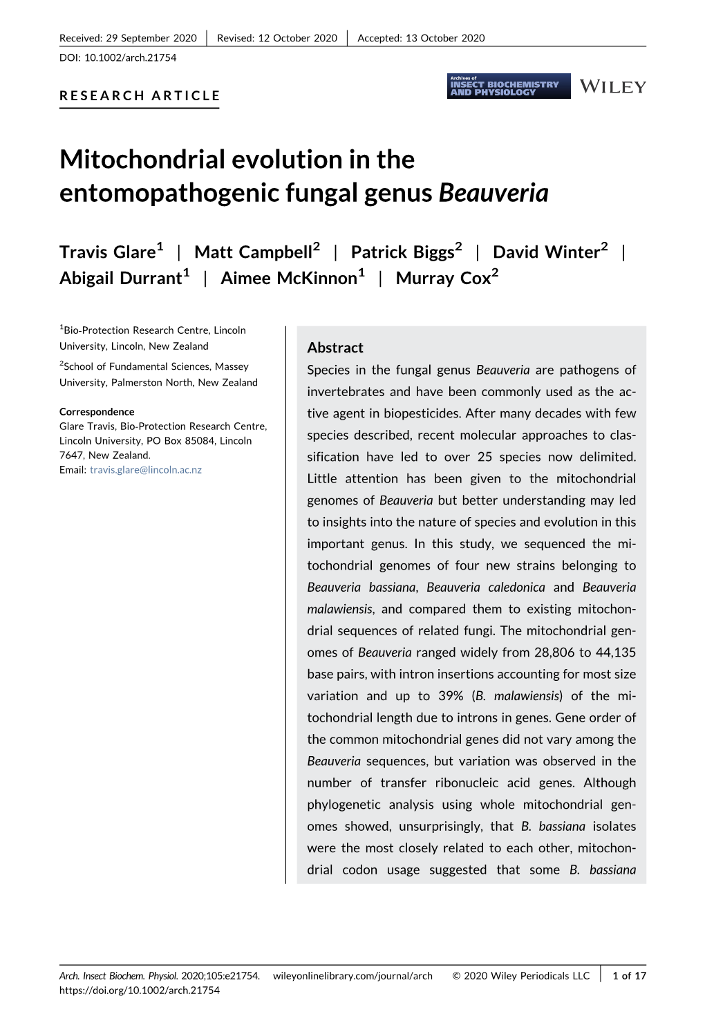 Mitochondrial Evolution in the Entomopathogenic Fungal Genus Beauveria