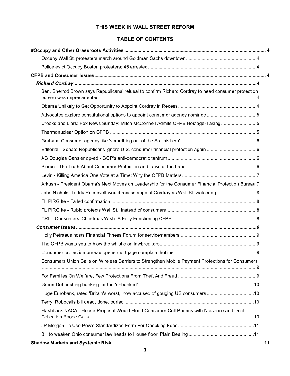 1 This Week in Wall Street Reform Table of Contents