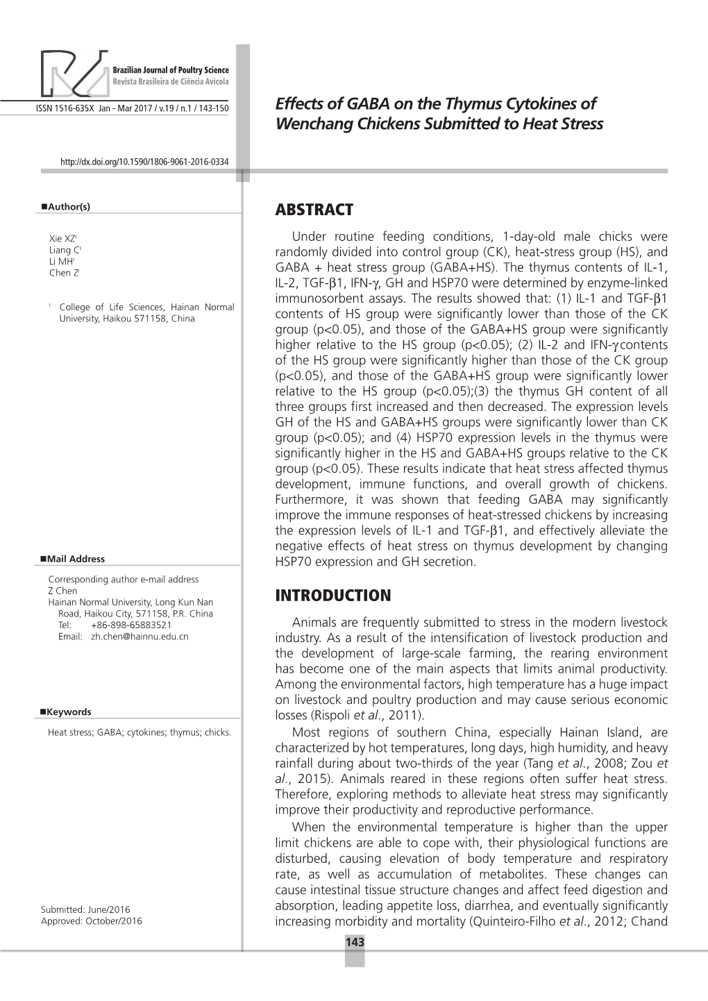 Effects of GABA on the Thymus Cytokines of Wenchang Chickens Submitted to Heat Stress