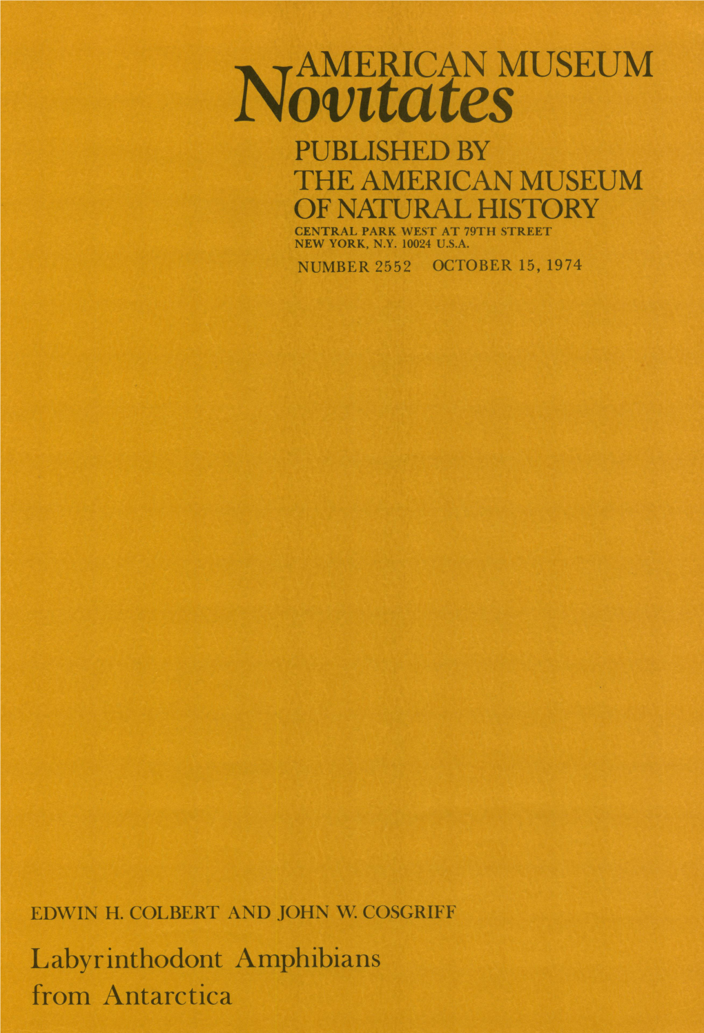 Novitatesamerican MUSEUM PUBLISHED by the AMERICAN MUSEUM of NATURAL HISTORY CENTRAL PARK WEST at 79TH STREET NEW YORK, N.Y