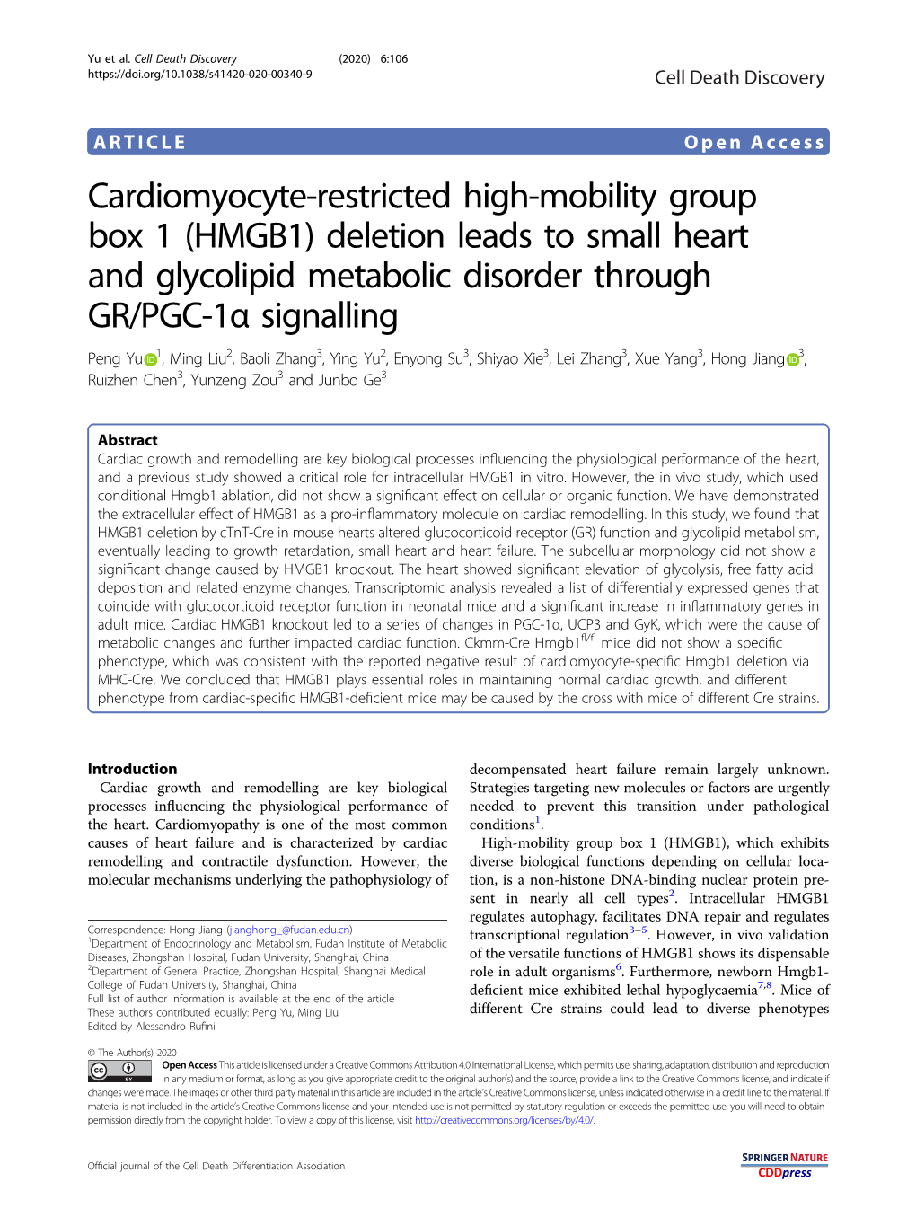 (HMGB1) Deletion Leads to Small Heart and Glycolipid Metabolic