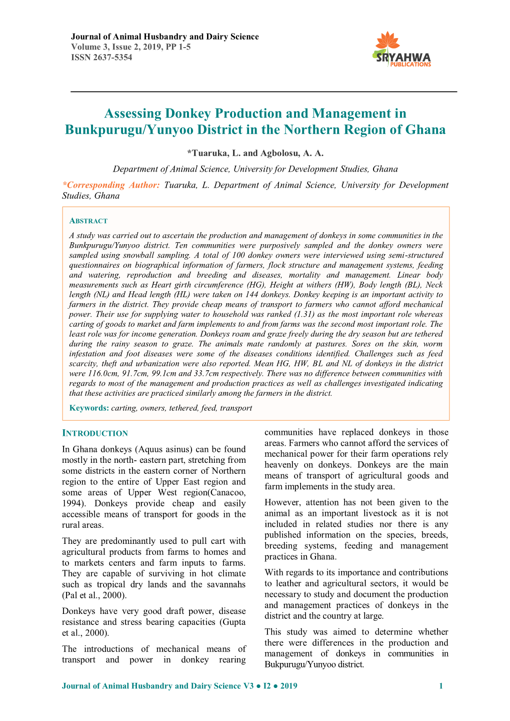 Assessing Donkey Production and Management in Bunkpurugu/Yunyoo District in the Northern Region of Ghana