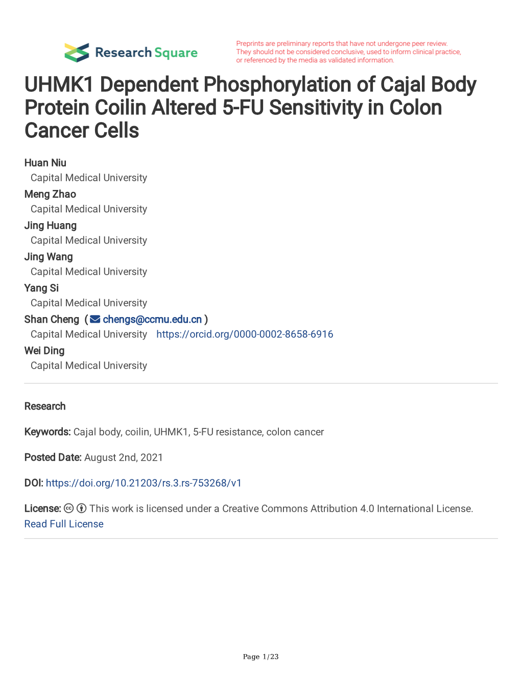 UHMK1 Dependent Phosphorylation of Cajal Body Protein Coilin Altered 5-FU Sensitivity in Colon Cancer Cells