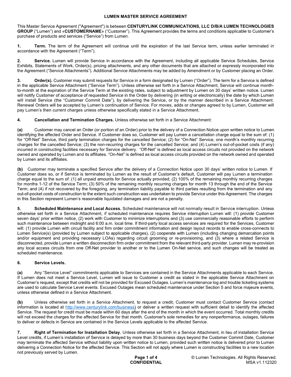 LUMEN MASTER SERVICE AGREEMENT Page 1 of 4