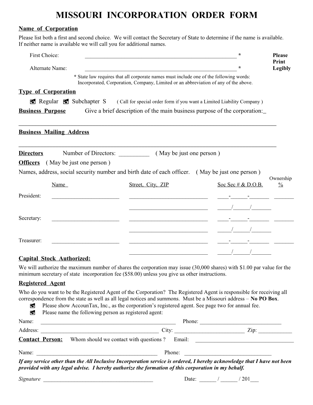 Missouri Incorporation Order Form