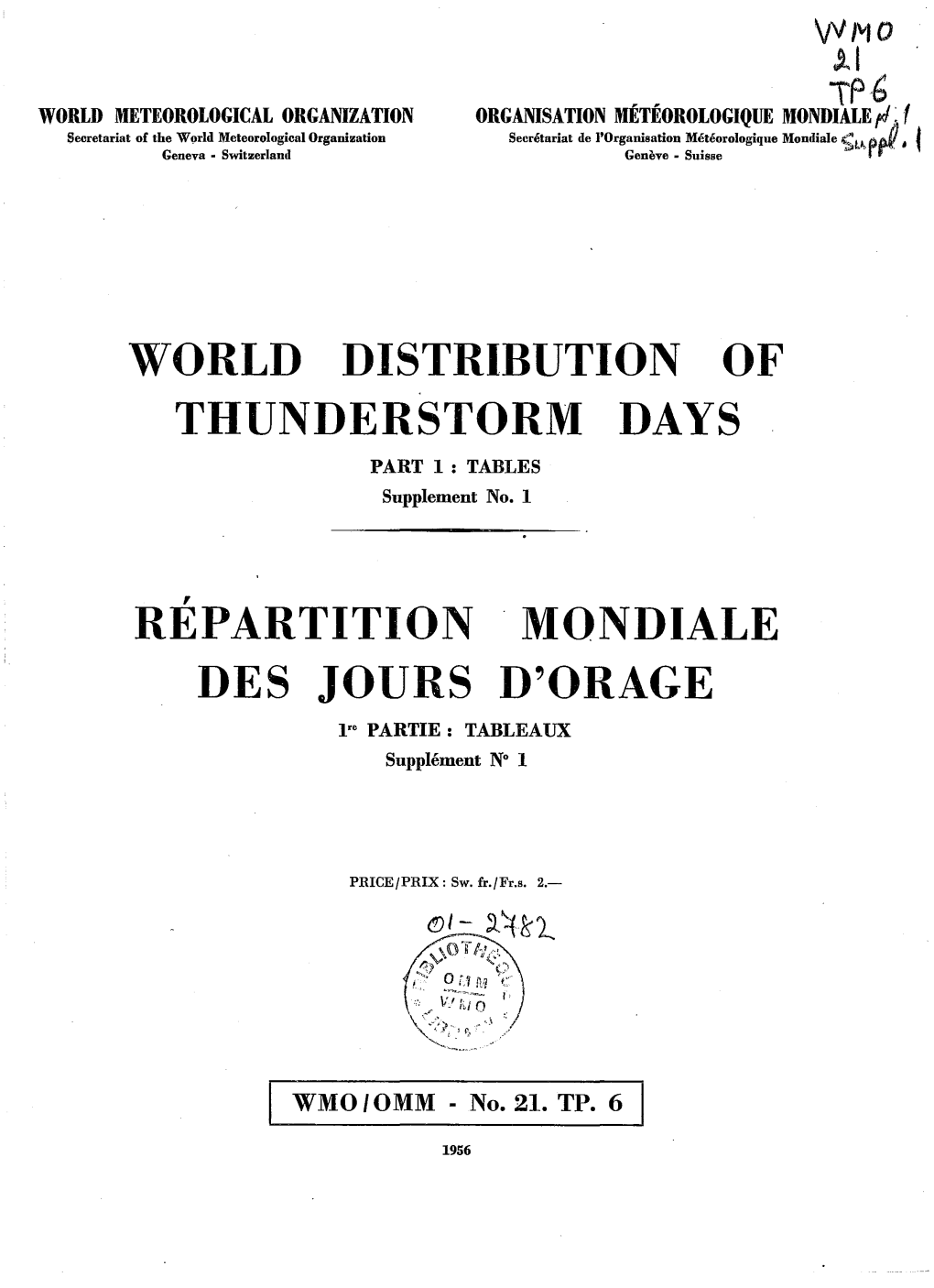 WORLD DISTRIBUTION of THUNDERSTORM DAYS PART I: TABLES Supplement No