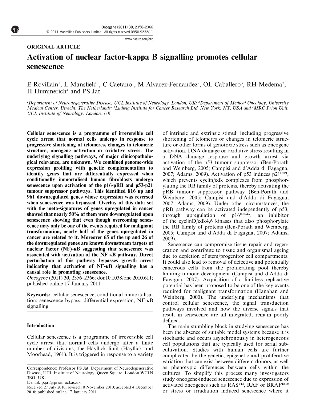 Activation of Nuclear Factor-Kappa B Signalling Promotes Cellular Senescence