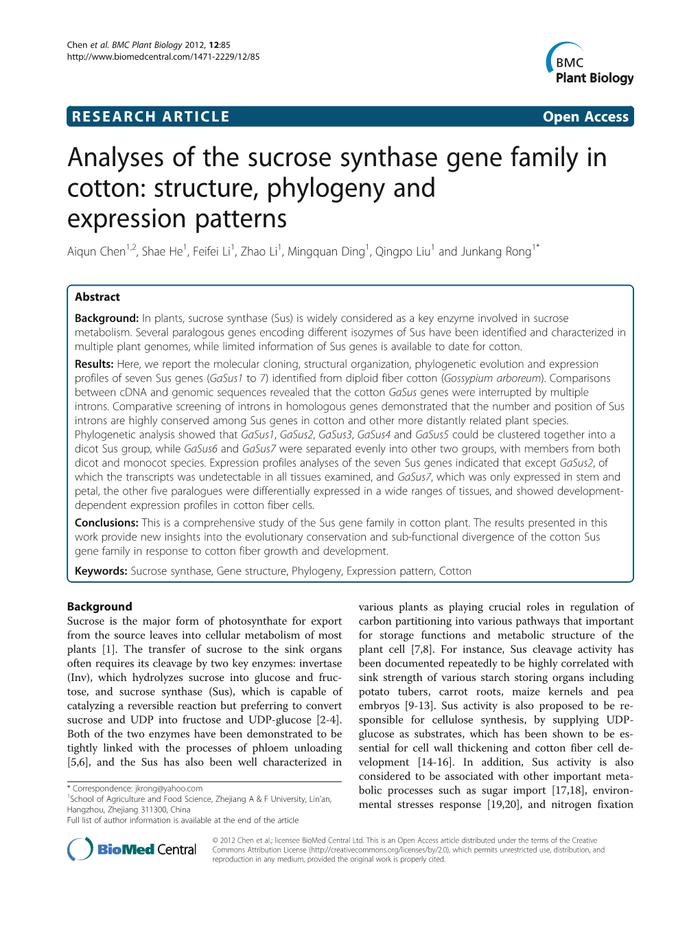 Analyses of the Sucrose Synthase Gene Family in Cotton