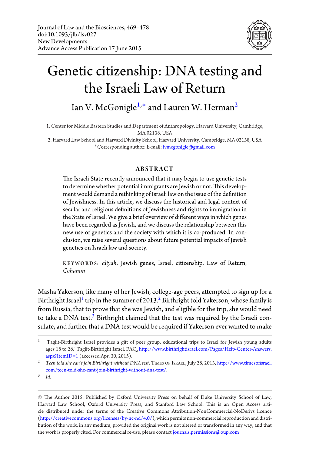 Genetic Citizenship: DNA Testing and the Israeli Law of Return Ian V