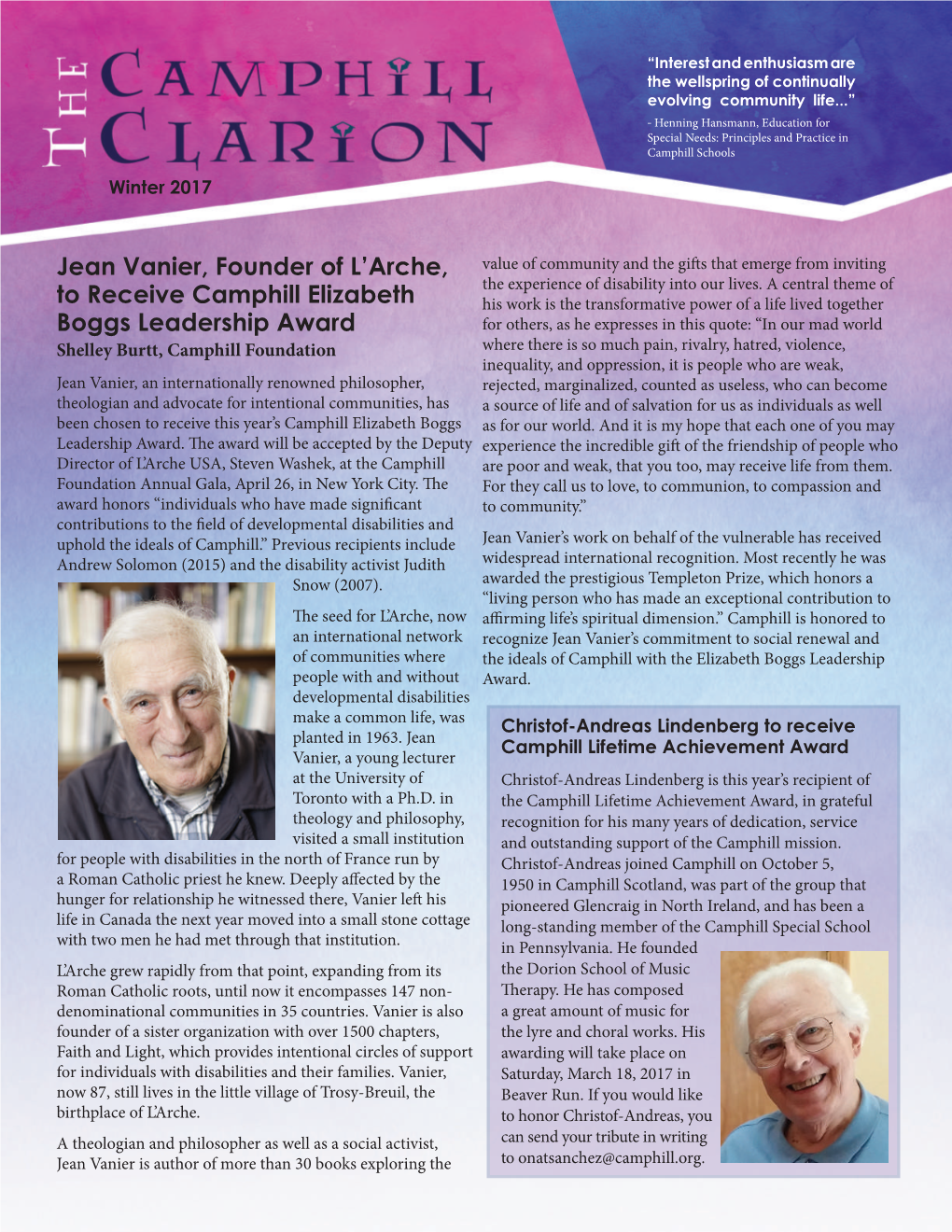 Jean Vanier, Founder of L'arche, to Receive Camphill Elizabeth Boggs