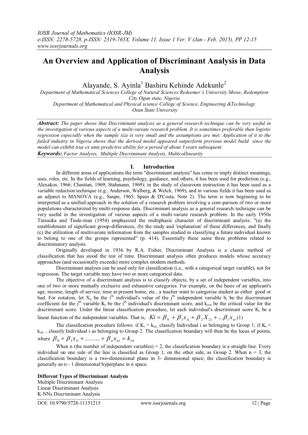 An Overview and Application of Discriminant Analysis in Data Analysis