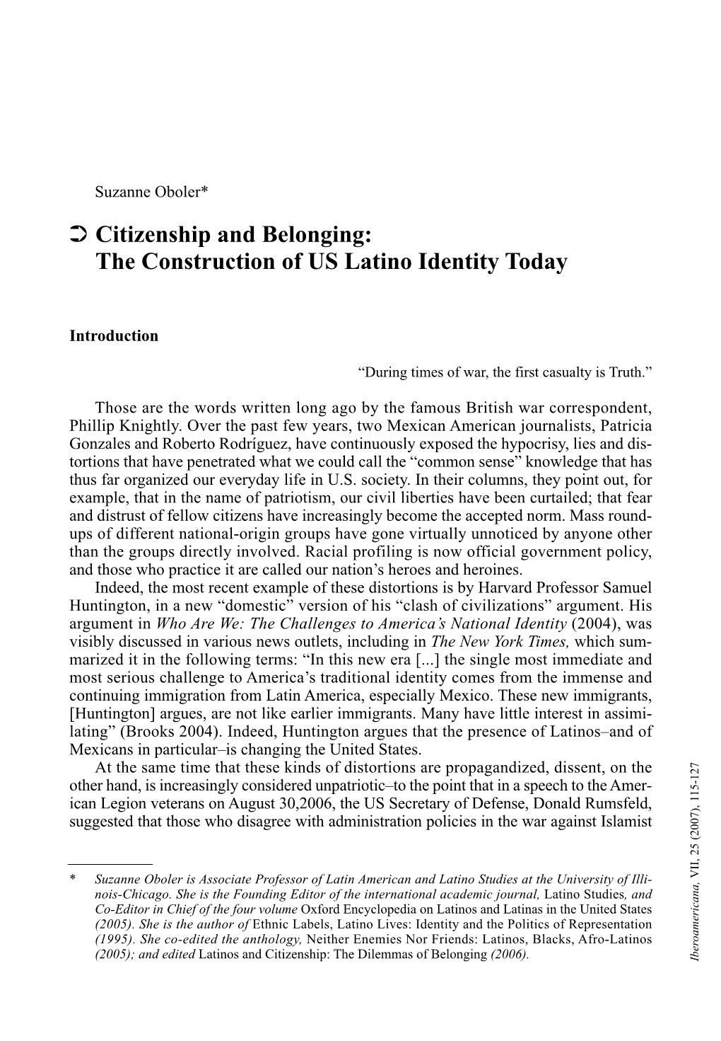 Citizenship and Belonging: the Construction of US Latino Identity Today