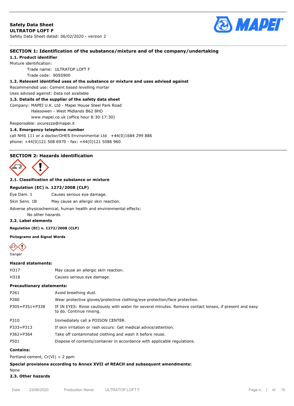 Safety Data Sheet ULTRATOP LOFT F SECTION 1