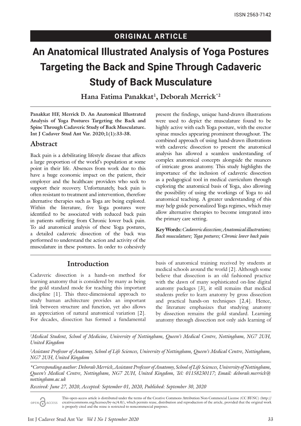 An Anatomical Illustrated Analysis of Yoga Postures Targeting the Back and Spine Through Cadaveric Study of Back Musculature Hana Fatima Panakkat1, Deborah Merrick*2