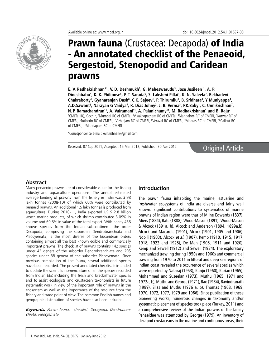 Prawn Fauna (Crustacea: Decapoda) of India - an Annotated Checklist of the Penaeoid, Sergestoid, Stenopodid and Caridean Prawns