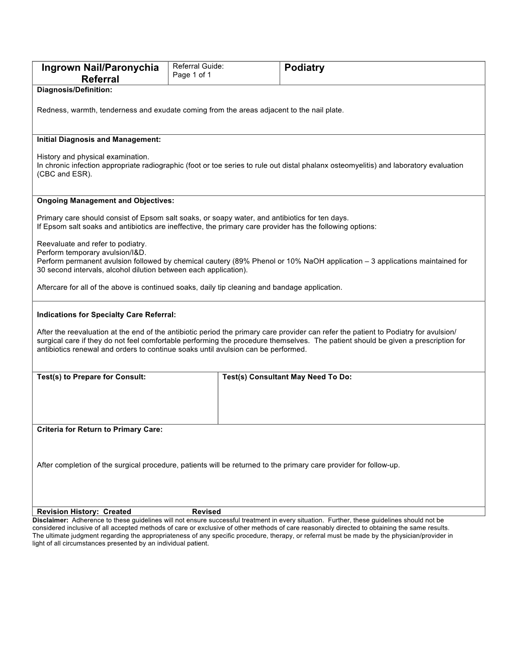 Ingrown Nail/Paronychia Referral Guide: Podiatry Referral Page 1 of 1 Diagnosis/Definition